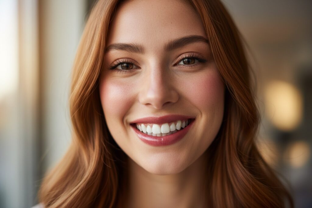 Primo piano di una giovane donna dai capelli rossi che sorride guardando verso l'obiettivo.